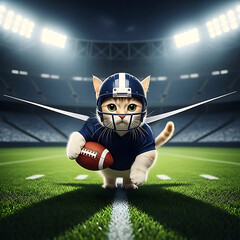 Cute Munchkin Cat Playing American Football on Field  Funny Sports Pet