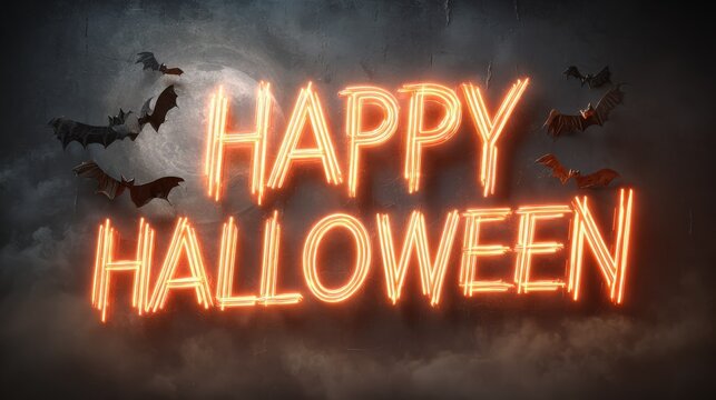 spooky happy halloween glowing neon typography with pumpkins flying bats and full moon on a dark cinematic background perfect for halloween party posters social media banners and festive season