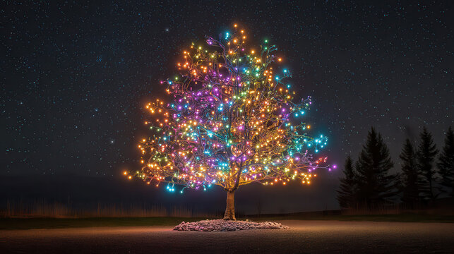 Vibrant christmas tree illuminated under a starry night sky - Powered by Adobe
