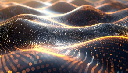 Abstract, shimmering waves flow with golden dot trails over a textured, dark blue-grey surface, creating depth