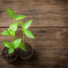 Naklejka premium Young plant seedling in small pot on rustic wood table, fresh green leaves suggesting growth and hope