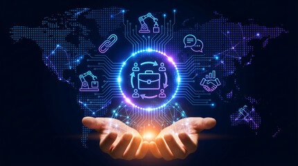 Business executive holding global network and B2B business strategy, enterprise collaboration, procurement automation solutions integration partnership digital communication logistics