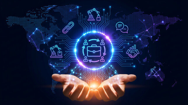 Business executive holding global network and B2B business strategy, enterprise collaboration, procurement automation solutions integration partnership digital communication logistics