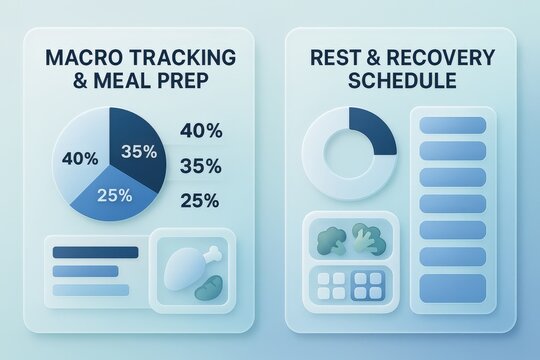 Macro tracking and meal prep with detailed recovery schedule represented in an aesthetically pleasing layout optimizing nutrition plans and wellness strategies