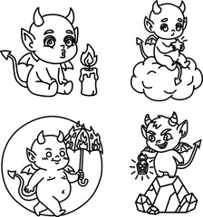 Little devil cute cartoon character set. Black and white outline contour drawing collection