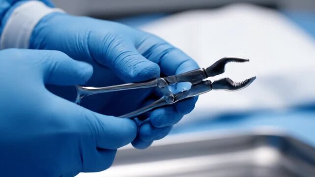 Close-up of medical professional in blue surgical gloves holding dental extraction forceps against a sterile background.