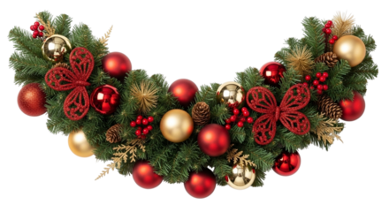 Festive christmas garland decoration with green pine branch, red and gold ornament bauble, berry, pinecone, and glitter bow isolated on transparent background