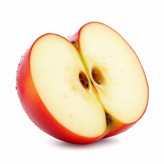 Fresh red apple cut in half showing crisp white flesh and seeds, isolated on white background