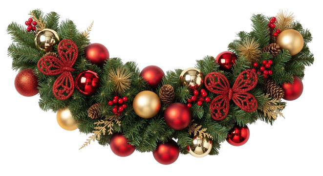 Festive christmas garland decoration with green pine branch, red and gold ornament bauble, berry, pinecone, and glitter bow isolated on transparent background