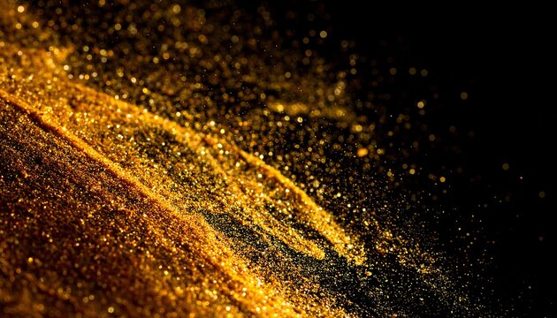 Abstract shot golden streak glitter flows on a black gradient background, shimmering, creating a diagonal pattern