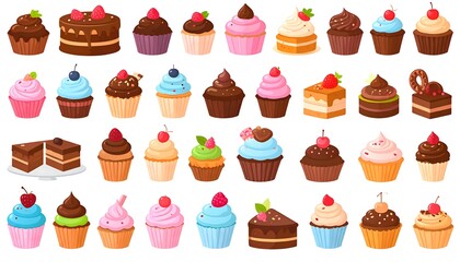 A varied collection of cartoon cupcakes and slices of cake, each with unique toppings and icings