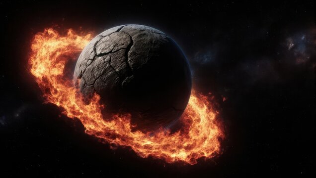Fiery Ring Around a Cracked Planet in Deep Space.