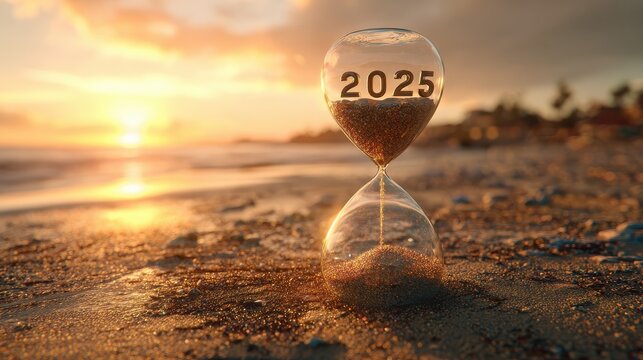 hourglass on beach with 2025 sand falling to 2026 at sunset representing passage of time new year
