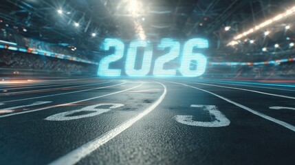 futuristic indoor track start with holographic 2026 ahead bright highkey blur and lowangle detail emphasizing determination momentum and newyear ambitions
