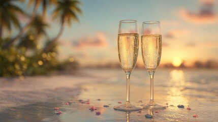 two champagne glasses on a tropical beach at sunset