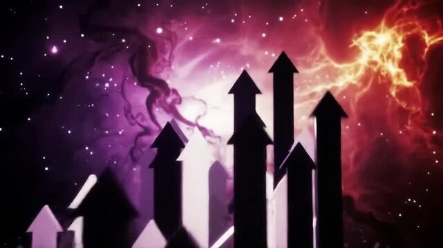Futuristic cosmic backdrop featuring vibrant nebula clouds and rising arrows symbolizing growth, progress, and exploration in a visually stunning space environment.