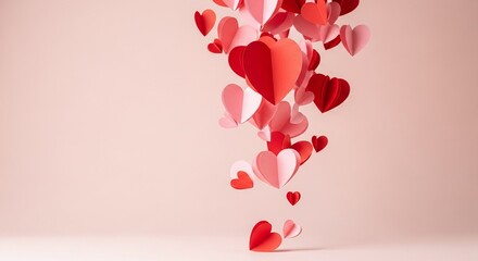 Numerous heart-shaped paper cutouts in varying shades of red and pink cascade downwards, creating a romantic and whimsical visual.
