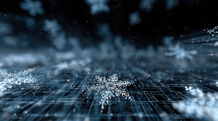 Abstract digital snowflakes falling in a dark futuristic landscape