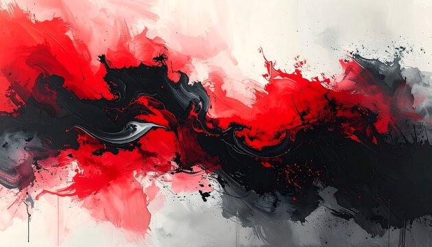 Abstract splash of red and black paint blending together on a white background
