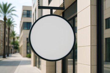 Blank round signage mock up hanging on modern building exterior wall in urban street with palm trees in background, clean branding concept. Ai generative