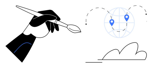 Hand holding paintbrush, connecting locations on a globe with dotted lines and creating ideas. Ideal for creativity, innovation, global networking, art, imagination, design, cross-cultural exchange
