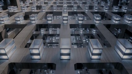 Futuristic glass pods stacked in an endless sci-fi corridor with neon lights in a seamless 3D loop, illustrating data center or dystopian containment concepts. - Powered by Adobe