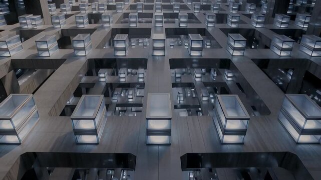 Futuristic glass pods stacked in an endless sci-fi corridor with neon lights in a seamless 3D loop, illustrating data center or dystopian containment concepts.