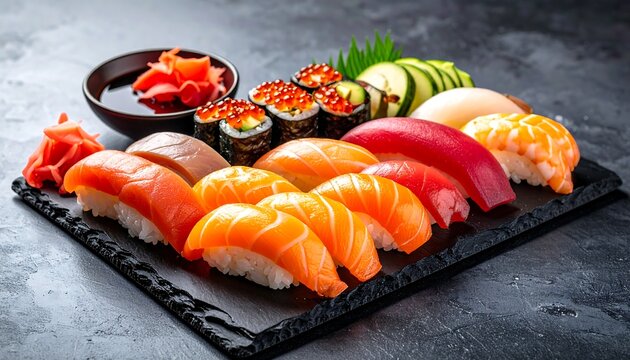 An array of colorful sushi pieces presented on a dark slate, with ginger and soy sauce alongside - Powered by Adobe