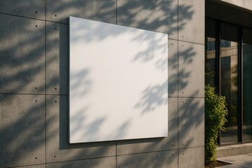 Naklejka premium Blank square billboard mock up mounted on concrete wall outdoors with tree shadows and sunlight in modern urban setting, ideal for branding display. Ai generative