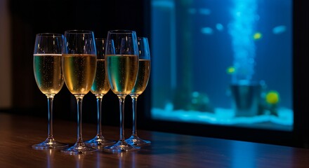  Elegant champagne flutes filled with a light-colored sparkling wine on a bar counter, with a blurred backdrop of a sleek, modern aquarium with exotic fish and deep blue light. Ratio 16:9, serene, aqu