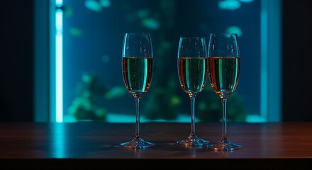  Elegant champagne flutes filled with a light-colored sparkling wine on a bar counter, with a blurred backdrop of a sleek, modern aquarium with exotic fish and deep blue light. Ratio 16:9, serene, aqu