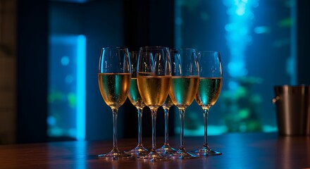  Elegant champagne flutes filled with a light-colored sparkling wine on a bar counter, with a blurred backdrop of a sleek, modern aquarium with exotic fish and deep blue light. Ratio 16:9, serene, aqu