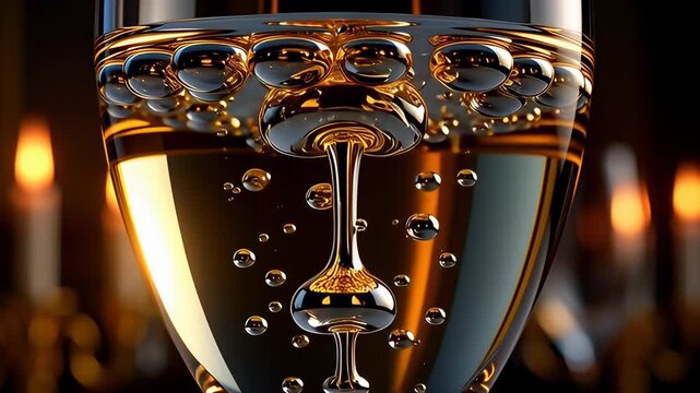 Golden champagne bubbles rising inside an elegant glass flute with macro liquid detail and bokeh lights, illustrating luxury celebration concepts
