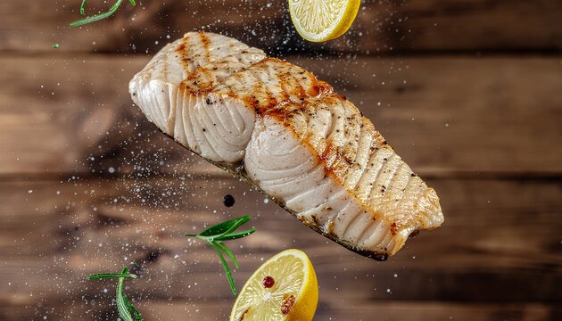 Flying Grilled Fish Fillet Citrus Spark, Sea Salt, and Rosemary on Rustic Wood