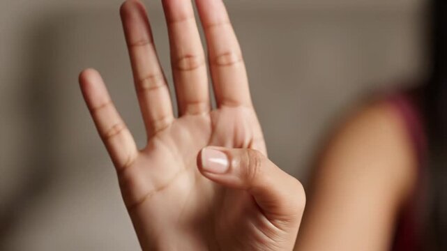Close-up of a human hand displaying the number four with extended fingers. Counting and communication concept.