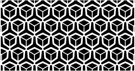 Three-dimensional cube-like seamless pattern in black and white forming a geometric illusion grid.