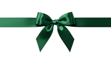 A beautiful, shiny, deep emerald green satin ribbon tied in a perfect bow, isolated on transparent background for gift wrapping or decoration