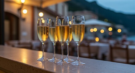 Elegant champagne flutes filled with a light-colored sparkling wine on a bar counter, with a blurred backdrop of an outdoor dining patio in a Mediterranean village at dusk. Ratio 16:9, romantic, Euro