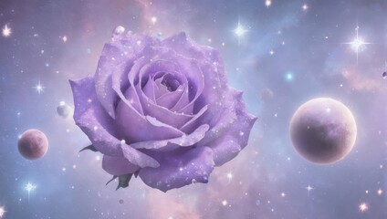 Enchanting Lavender Rose Floating in a Cosmic Dreamscape with Planets and Stars.