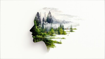 A silhouette of a woman's profile is filled with a vibrant forest landscape, complete with trees, water, and mountains.
