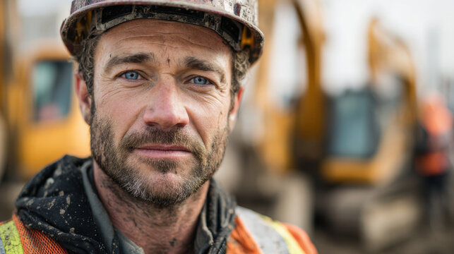 close-up portrait of a construction worker with blue eyes and safety helmet in a busy construction