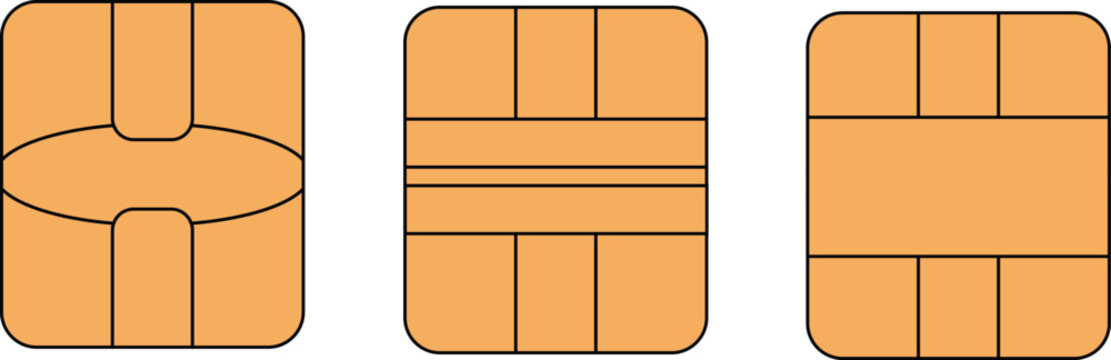 EMV chip golden vector icons. Square computer microchips for credit debit cards. Contactless payment at terminals and ATMs. Set line nfc symbol.