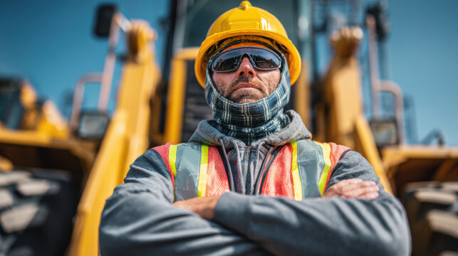 confident construction worker in safety gear standing in front of heavy machinery under blue sky