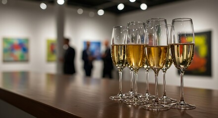  Elegant champagne flutes filled with a light-colored sparkling wine on a bar counter, with a blurred backdrop of a sophisticated gallery opening with spotlights on abstract paintings. Ratio 16:9, art