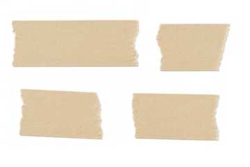 Collection of torn beige masking tape strips and pieces, offering a realistic design element on transparent background