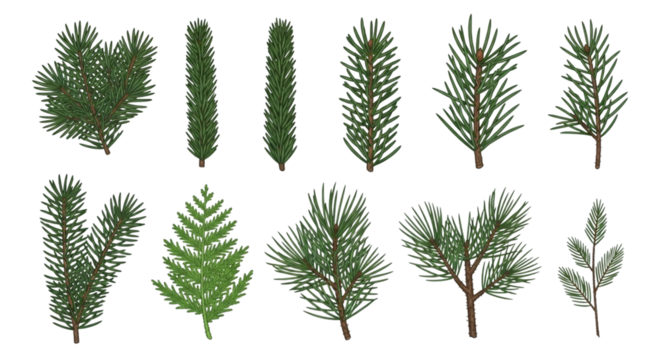 Collection of various evergreen tree branches and pine needles isolated on transparent background for holiday design and nature illustration - Powered by Adobe