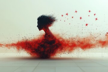 Ai singularity Latent space nft Digital transformation Self healing process Algorithmic bias Applied intuition Promeai Fabula Midjourney A stylized figure being crushed by wave of red spiky shapes sy