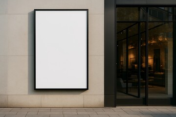 Blank vertical billboard mock up on modern building wall with glass storefront at sunset, ideal for outdoor advertising or branding presentation. Ai generative