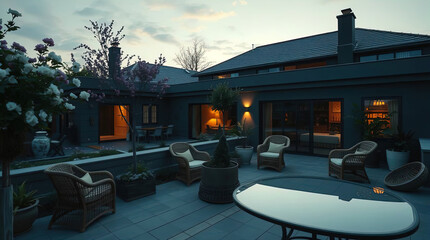 Obraz premium A cozy house with a place to relax, a cozy beautiful interior of a house with a garden