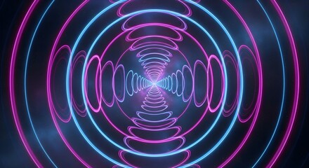 Vibrant blue and pink neon concentric rings converge into an abstract glowing tunnel, creating a hypnotic digital background with dynamic futuristic energy and depth
